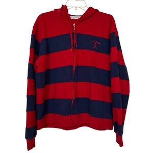 Vintage Tommy Hilfiger Jeans Hoodie XL Red Navy Stripe Zip Spellout Y2K‎